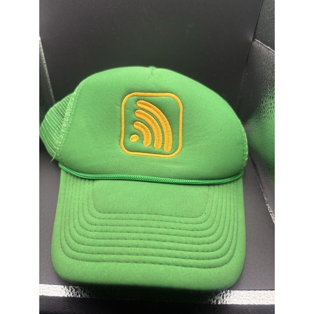 Vintage RSS Feed Logo Trucker Hat Green Neon Yellow Tech Internet Symbol
